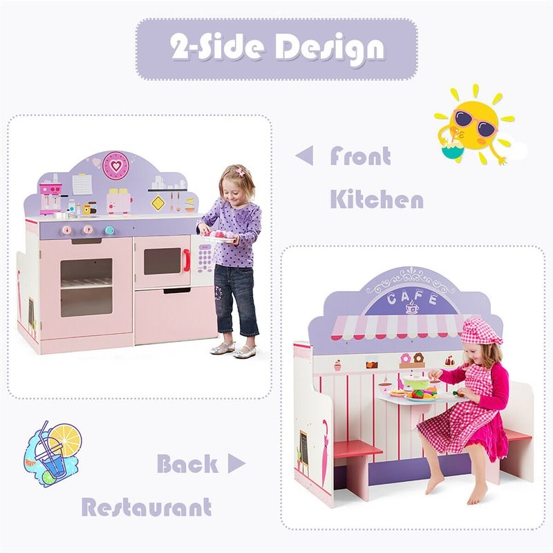 Pemberly Row 2-in-1 Kid Kitchen/Cafe Restaurant Pretend Cooking Playset Toy-Pink