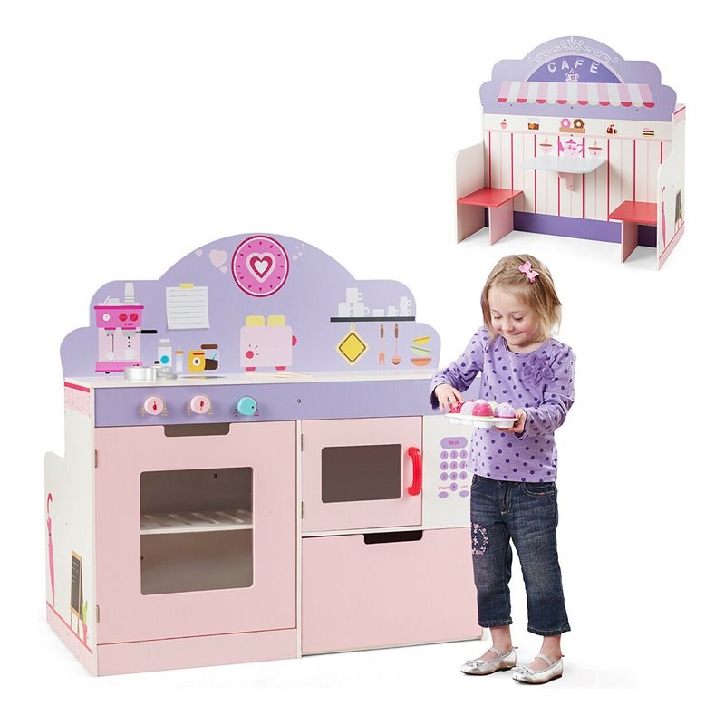 Pemberly Row 2-in-1 Kid Kitchen/Cafe Restaurant Pretend Cooking Playset Toy-Pink
