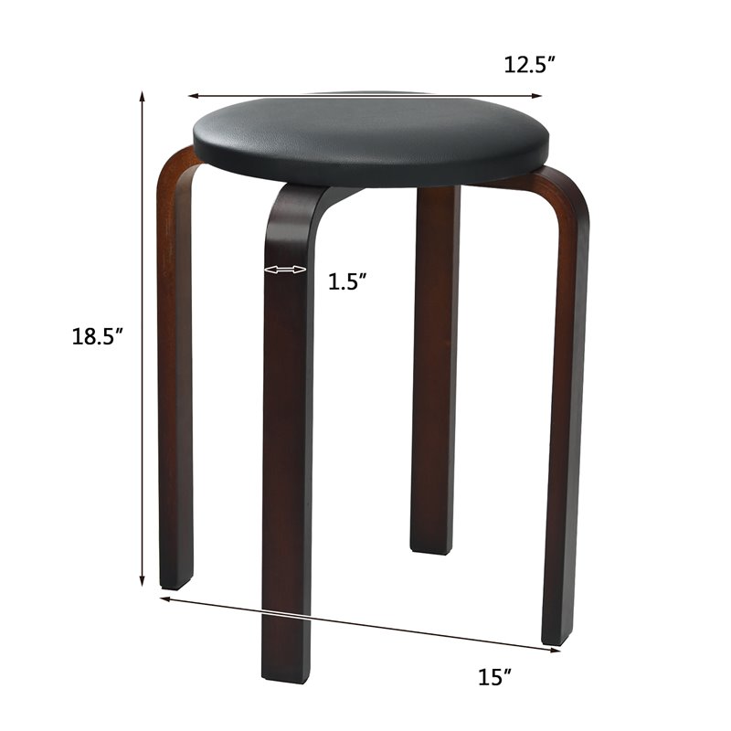 Pemberly Row Round Bentwood & Leather Stool w/ Padded Seat in Black (Set of 4)