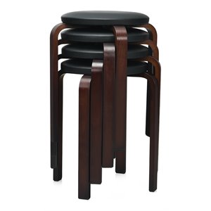 Pemberly Row Round Bentwood & Leather Stool w/ Padded Seat in Black (Set of 4)