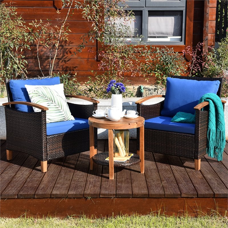 Pemberly Row 3-piece Rattan Patio Furniture Set with Round Table in Blue