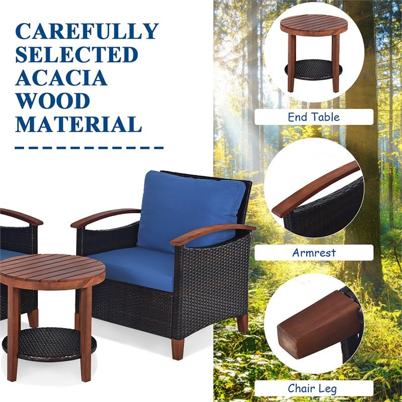 Pemberly Row 3-piece Rattan Patio Furniture Set with Round Table in Blue