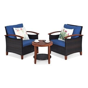 Pemberly Row 3-piece Rattan Patio Furniture Set with Round Table in Blue