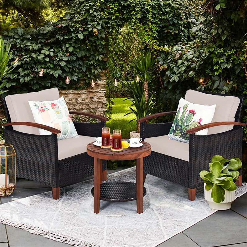 Pemberly Row 3-piece Rattan Patio Furniture Set with Wood Frame in Beige
