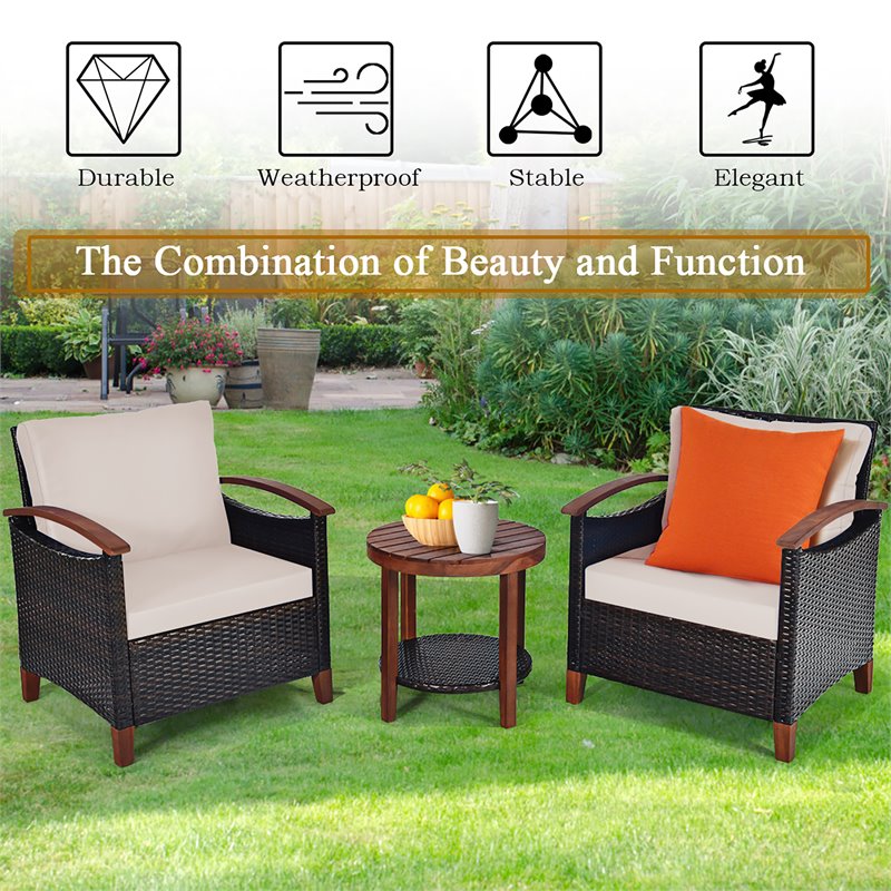 Pemberly Row 3-piece Rattan Patio Furniture Set with Wood Frame in Beige