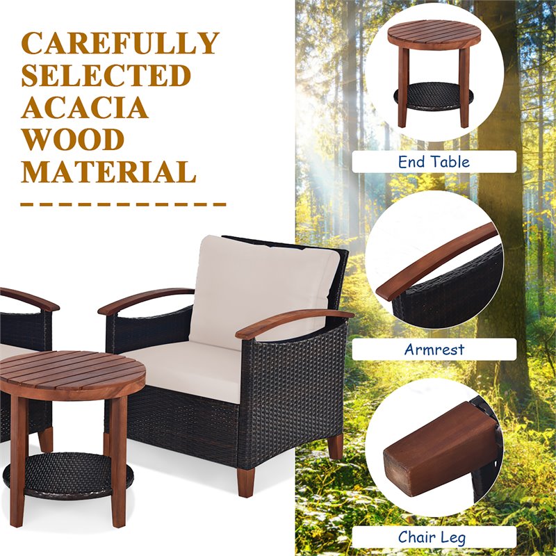 Pemberly Row 3-piece Rattan Patio Furniture Set with Wood Frame in Beige