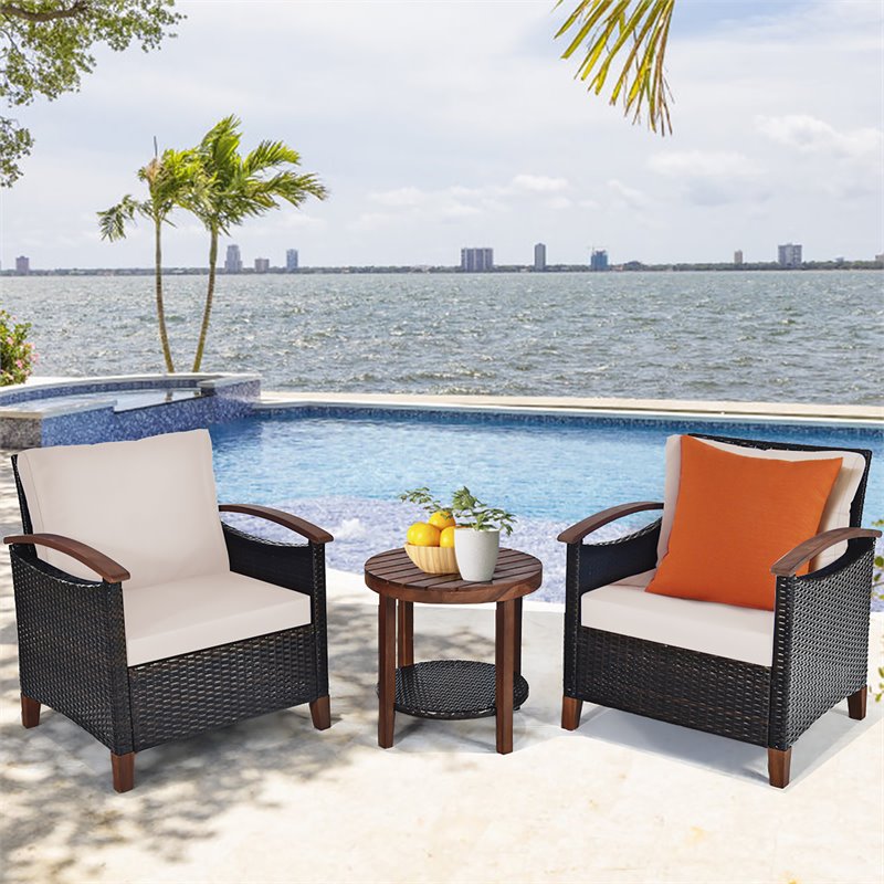 Pemberly Row 3-piece Rattan Patio Furniture Set with Wood Frame in Beige