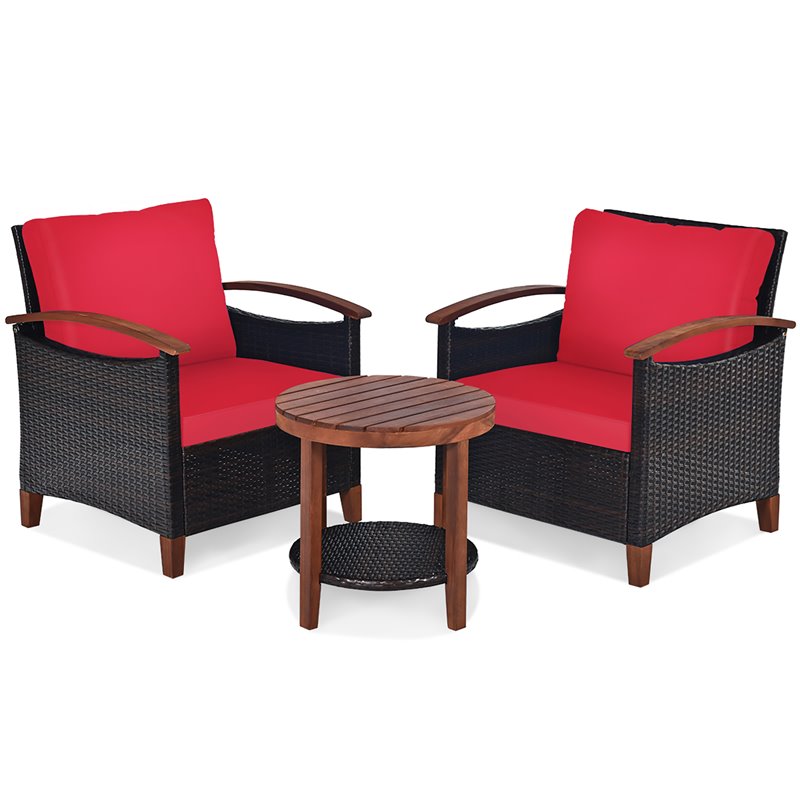 Pemberly Row 3-piece Rattan Patio Furniture Set with Wood Frame in Red