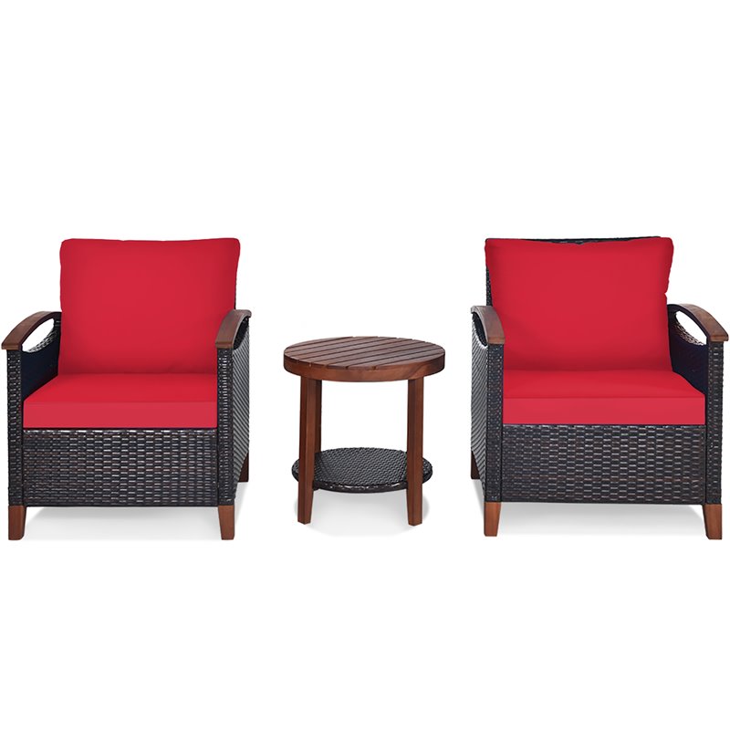 Pemberly Row 3-piece Rattan Patio Furniture Set with Wood Frame in Red
