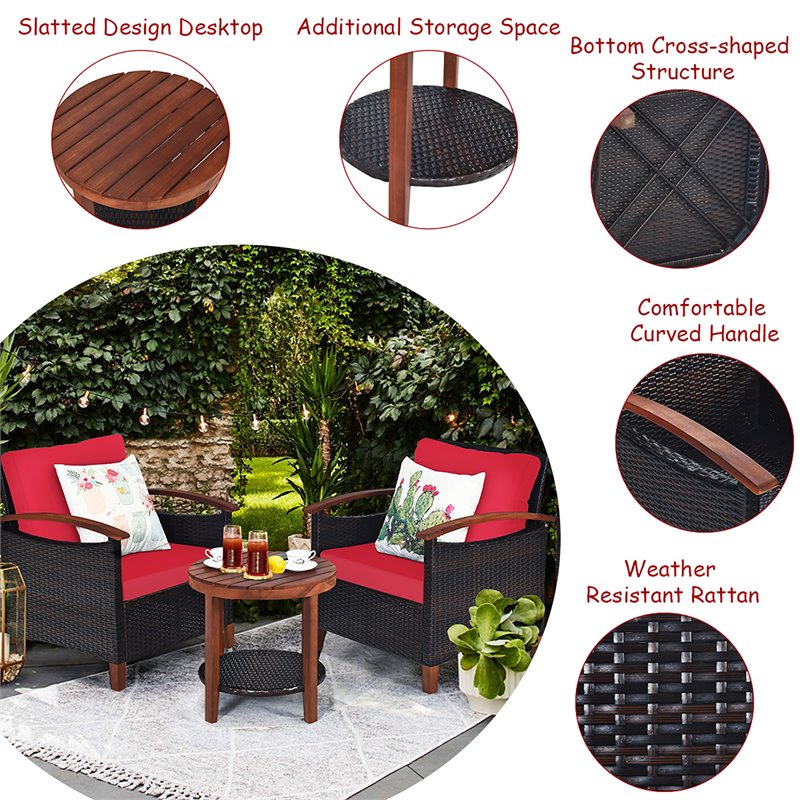 Pemberly Row 3-piece Rattan Patio Furniture Set with Wood Frame in Red