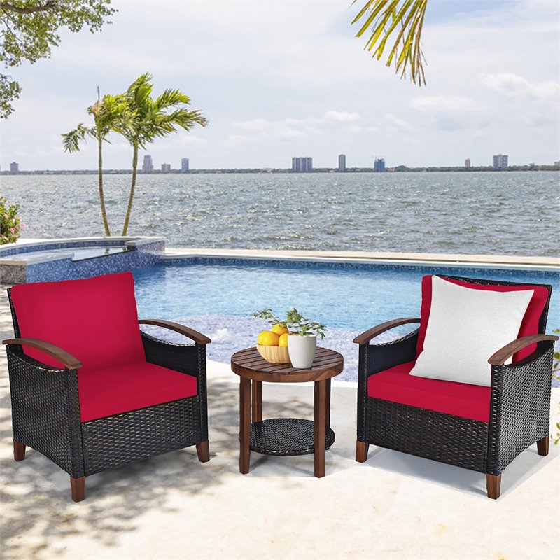 Pemberly Row 3-piece Rattan Patio Furniture Set with Wood Frame in Red