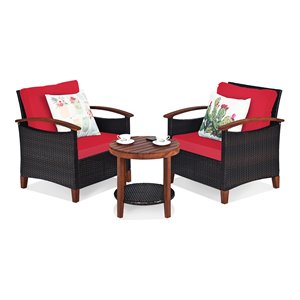 Pemberly Row 3-piece Rattan Patio Furniture Set with Wood Frame in Red