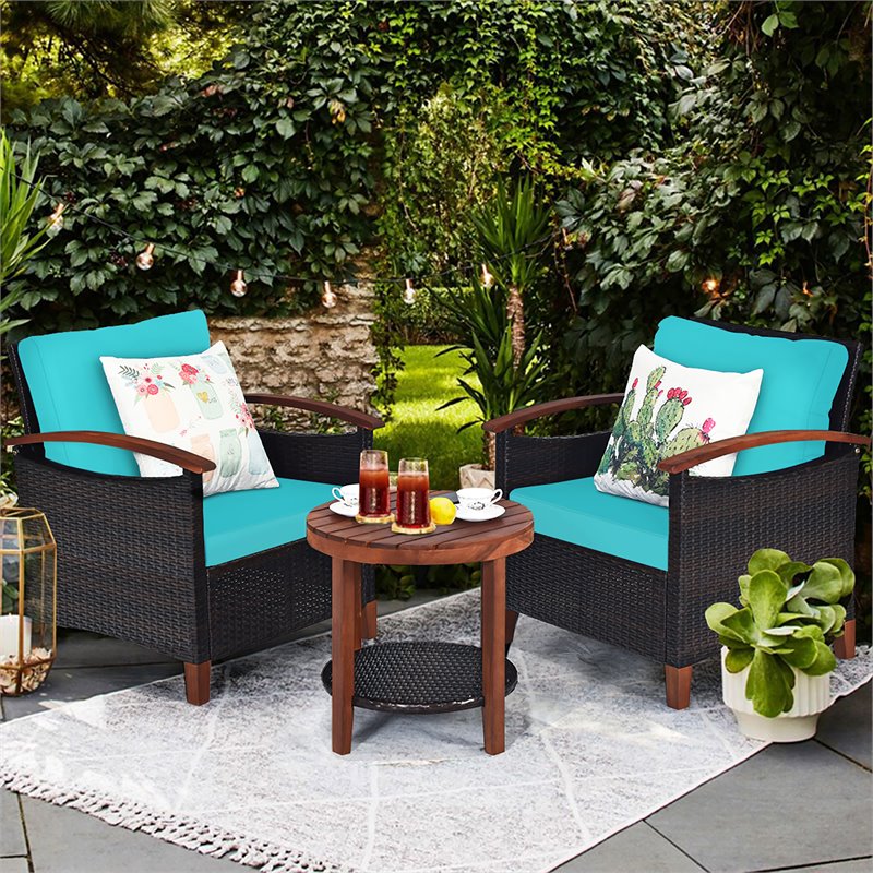 Pemberly Row 3-piece Rattan Patio Furniture Set with Wood Frame in Turquoise