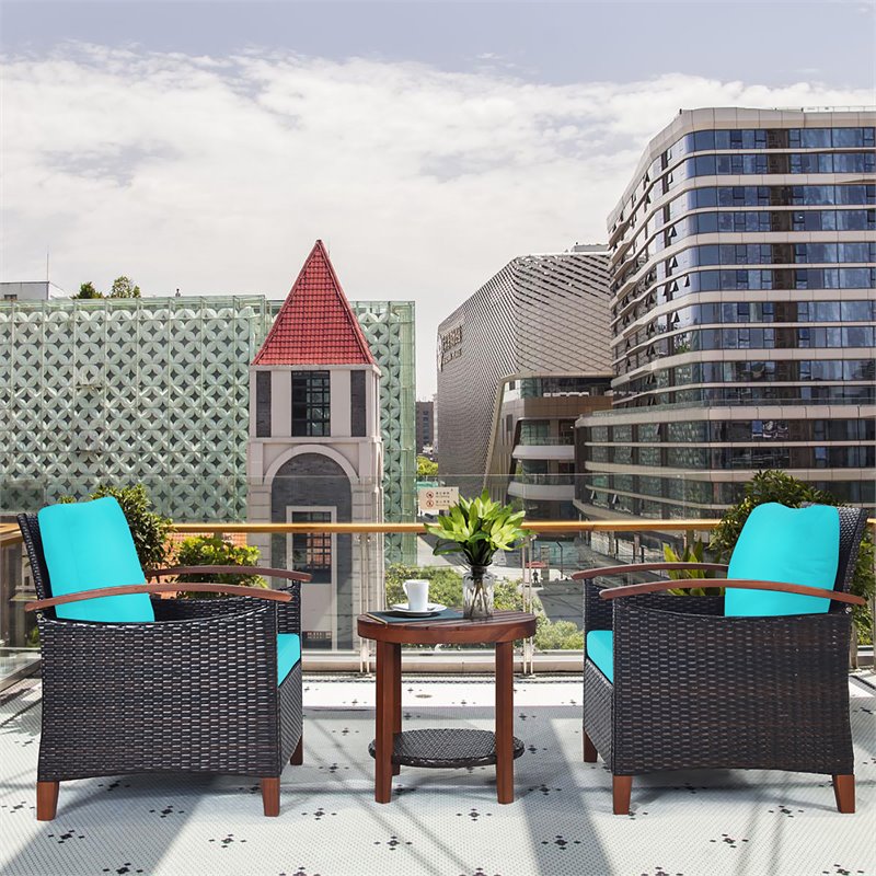 Pemberly Row 3-piece Rattan Patio Furniture Set with Wood Frame in Turquoise