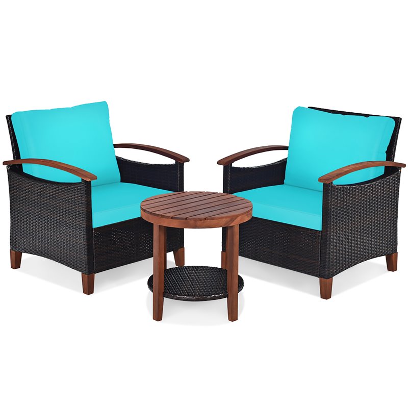 Pemberly Row 3-piece Rattan Patio Furniture Set with Wood Frame in Turquoise