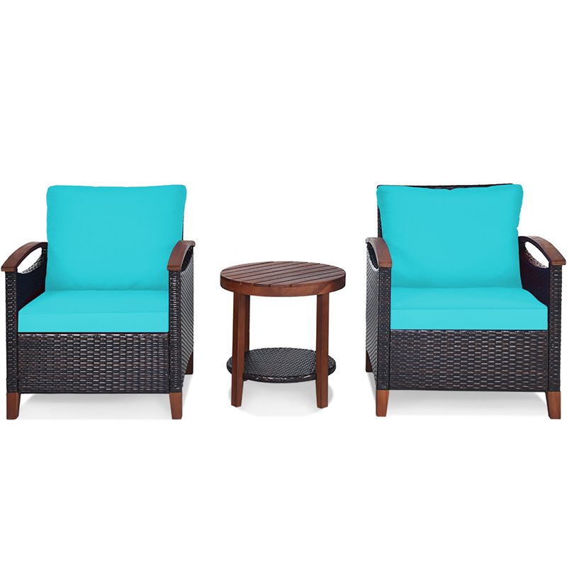 Pemberly Row 3-piece Rattan Patio Furniture Set with Wood Frame in Turquoise