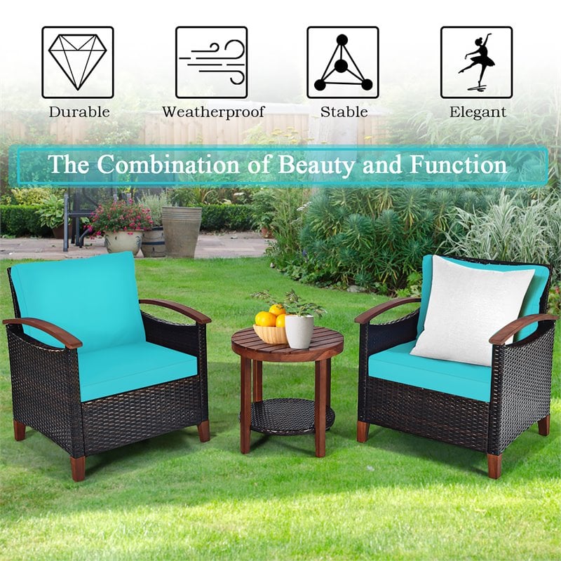 Pemberly Row 3-piece Rattan Patio Furniture Set with Wood Frame in Turquoise