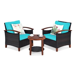 Pemberly Row 3-piece Rattan Patio Furniture Set with Wood Frame in Turquoise