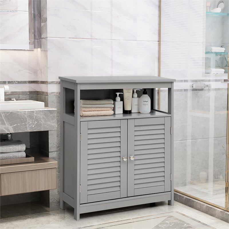 Pemberly Row Wood Bathroom Storage Floor Cabinet w/ Double Shutter Door in Gray