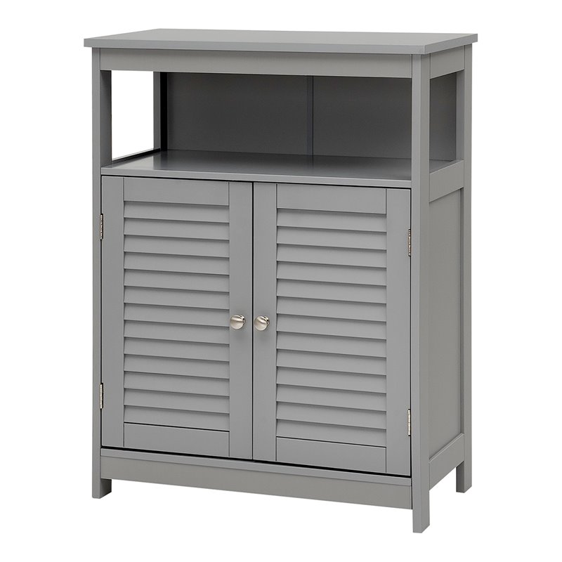 Pemberly Row Wood Bathroom Storage Floor Cabinet w/ Double Shutter Door in Gray