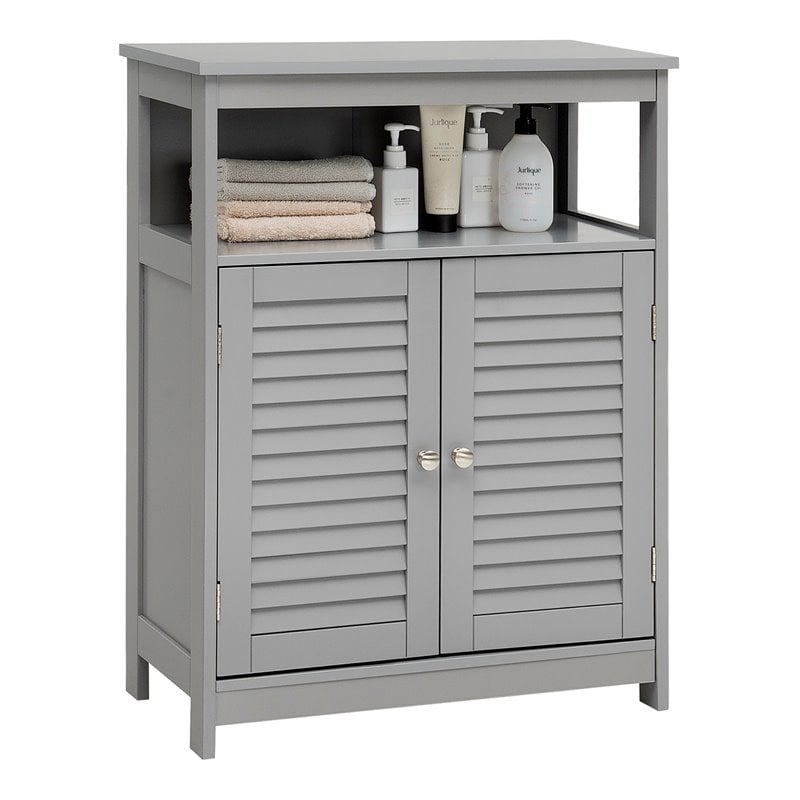 Pemberly Row Wood Bathroom Storage Floor Cabinet w/ Double Shutter Door in Gray