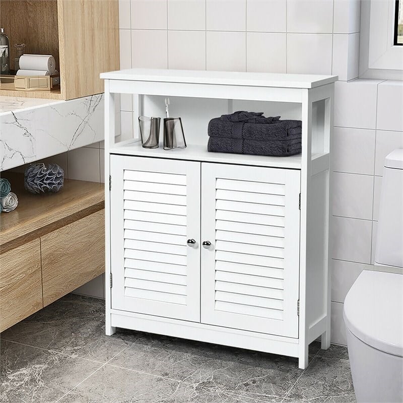 Pemberly Row Wood Bathroom Storage Floor Cabinet w/ Double Shutter Door in White