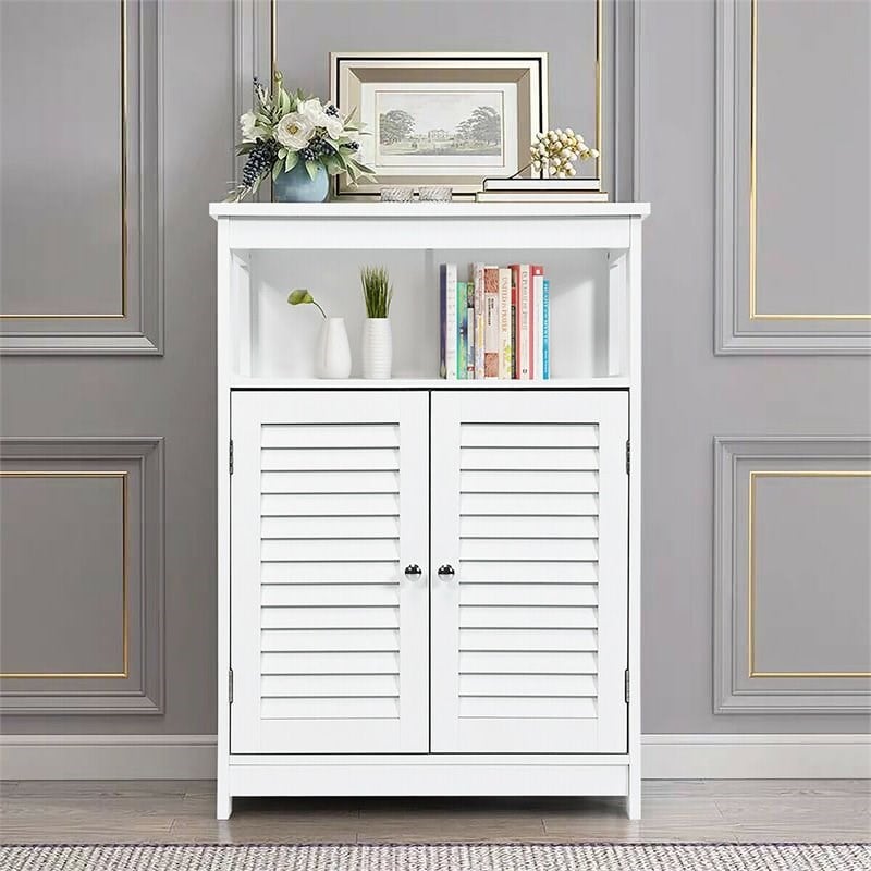 Pemberly Row Wood Bathroom Storage Floor Cabinet w/ Double Shutter Door in White
