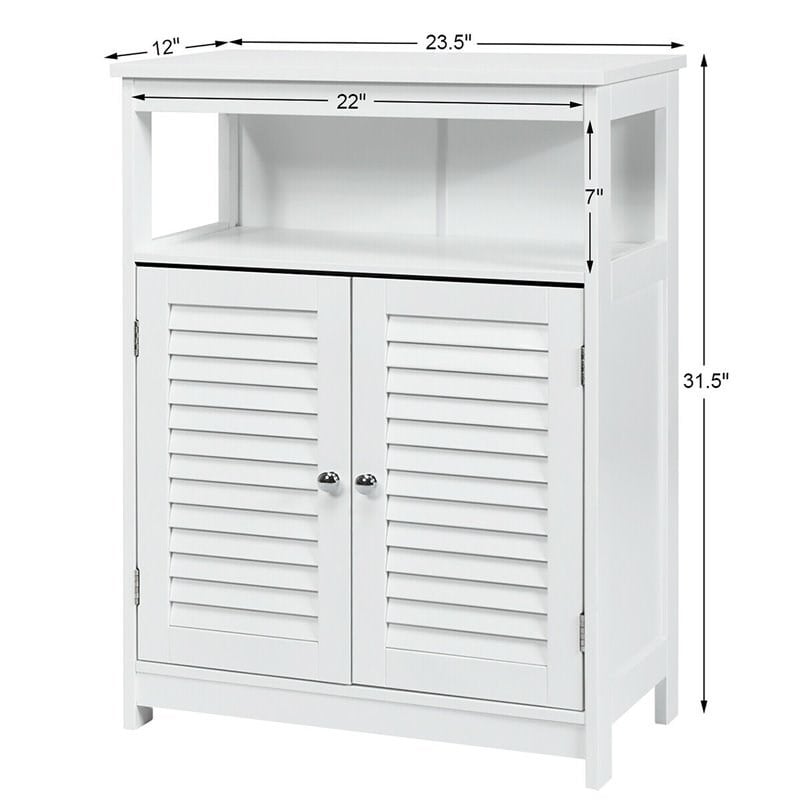 Pemberly Row Wood Bathroom Storage Floor Cabinet w/ Double Shutter Door in White