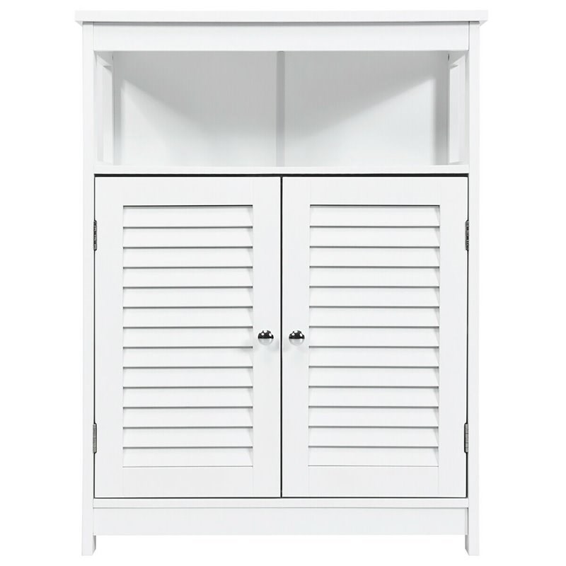 Pemberly Row Wood Bathroom Storage Floor Cabinet w/ Double Shutter Door in White