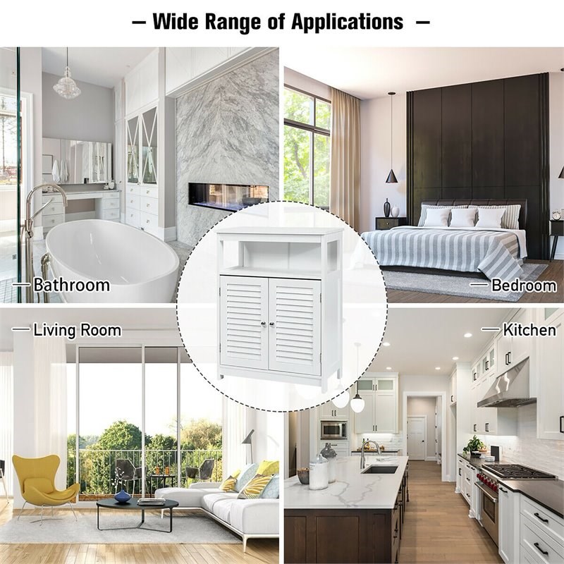 Pemberly Row Wood Bathroom Storage Floor Cabinet w/ Double Shutter Door in White