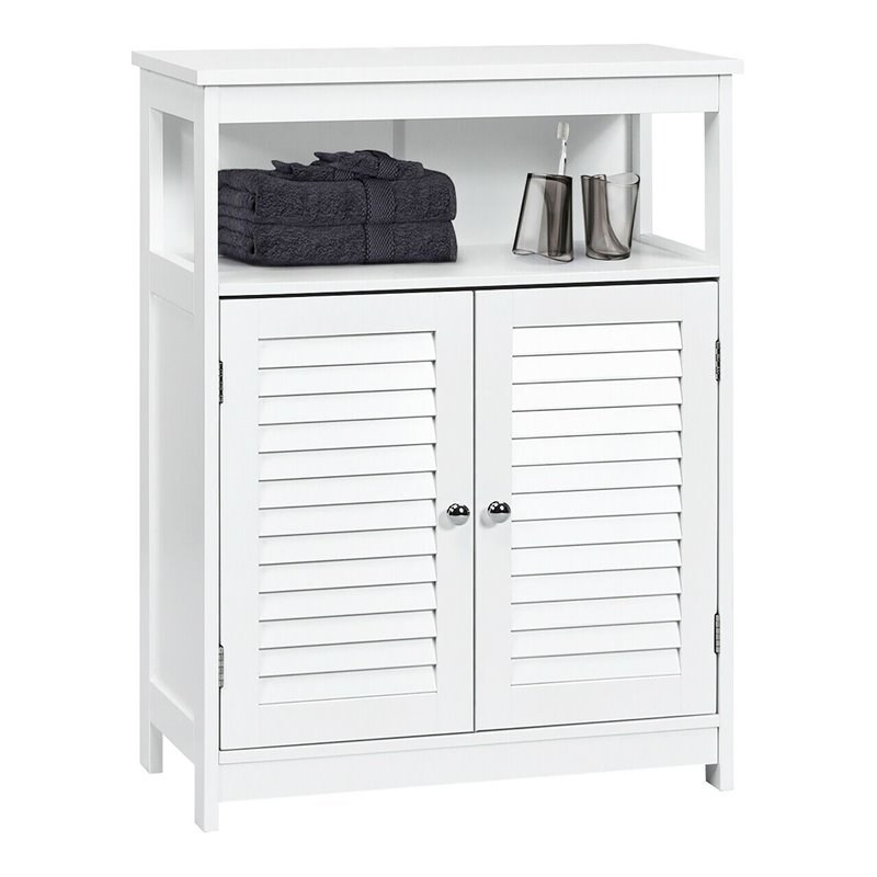 Pemberly Row Wood Bathroom Storage Floor Cabinet w/ Double Shutter Door in White