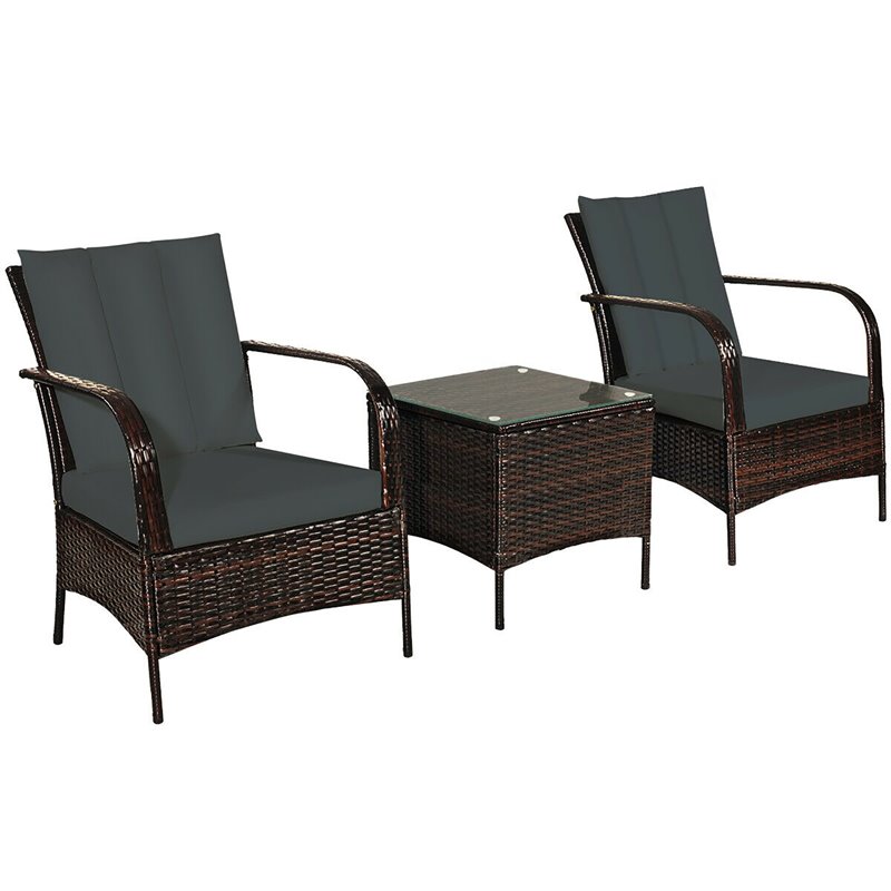 Pemberly Row 3-piece Wicker Rattan Patio Furniture Set with Cushions in Gray
