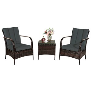 Pemberly Row 3-piece Wicker Rattan Patio Furniture Set with Cushions in Gray