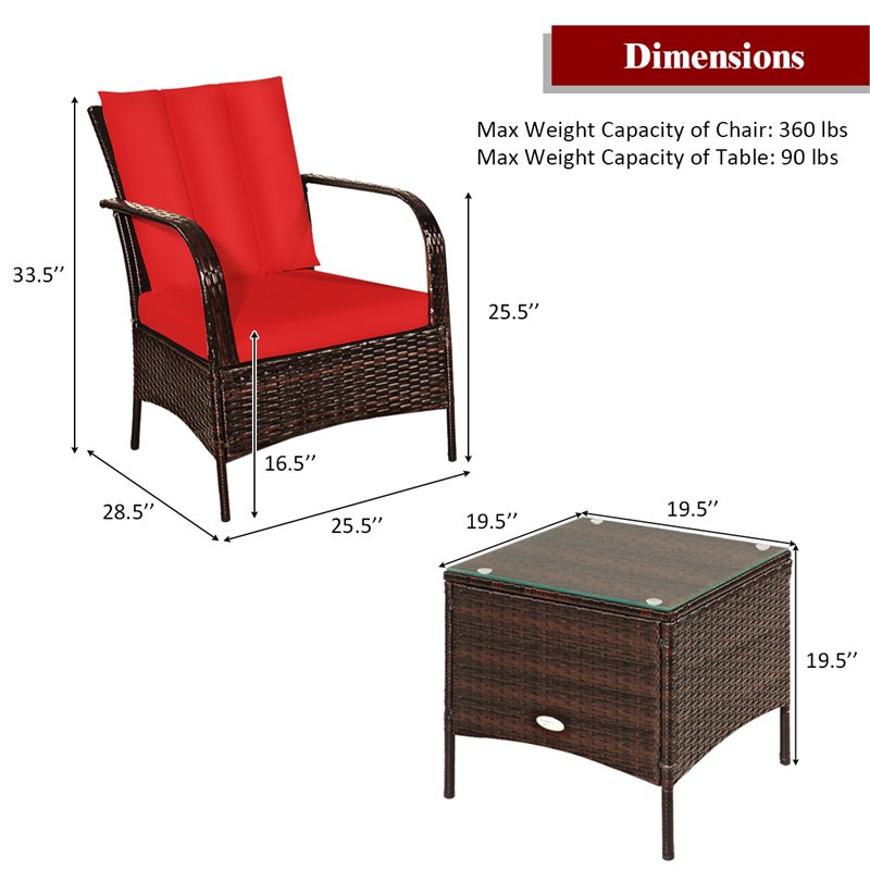 Pemberly Row 3-piece Wicker Rattan Patio Furniture Set with Cushions in Red