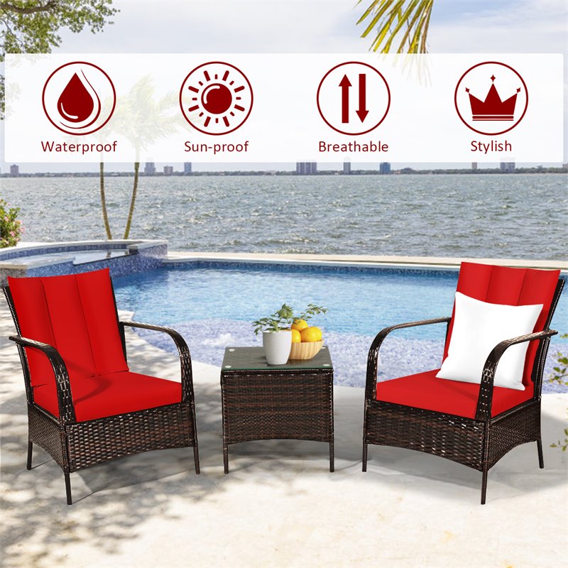 Pemberly Row 3-piece Wicker Rattan Patio Furniture Set with Cushions in Red