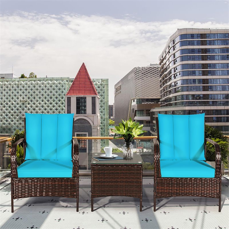 Pemberly Row 3-Pc Wicker Rattan Patio Furniture Set with Cushions in Turquoise