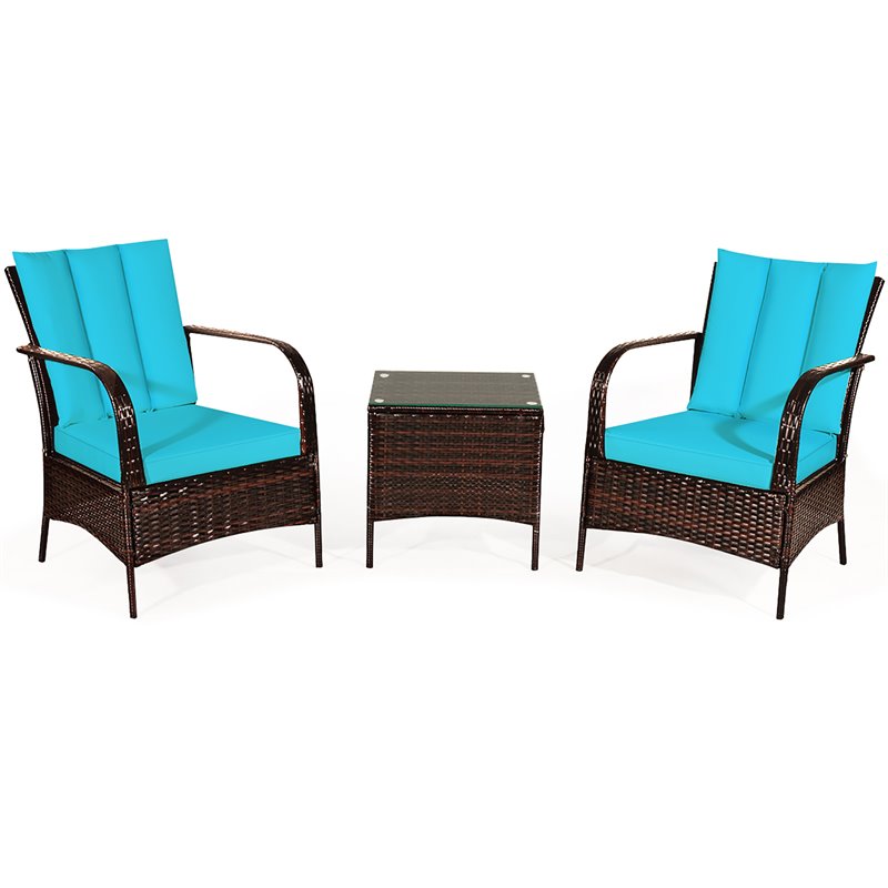 Pemberly Row 3-Pc Wicker Rattan Patio Furniture Set with Cushions in Turquoise