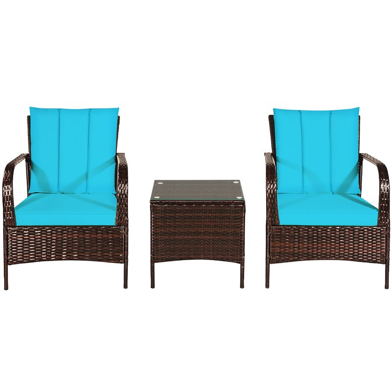 Pemberly Row 3-Pc Wicker Rattan Patio Furniture Set with Cushions in Turquoise