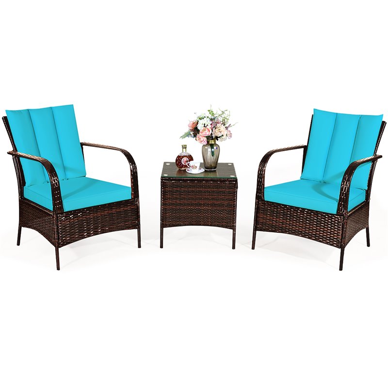Pemberly Row 3-Pc Wicker Rattan Patio Furniture Set with Cushions in Turquoise