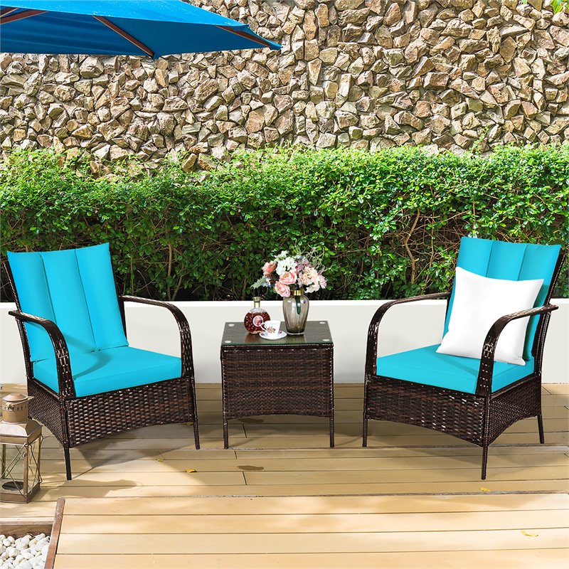 Pemberly Row 3-Pc Wicker Rattan Patio Furniture Set with Cushions in Turquoise