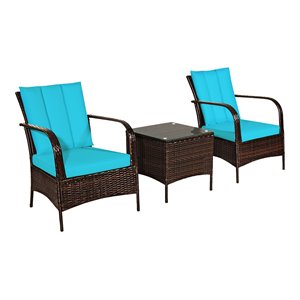 Pemberly Row 3-Pc Wicker Rattan Patio Furniture Set with Cushions in Turquoise