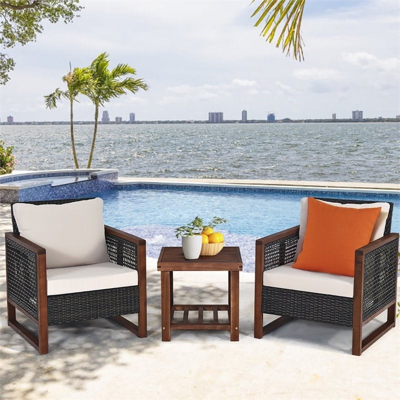 Pemberly Row 3-Pc Rattan Patio Wicker Furniture Set with Square Table in Brown