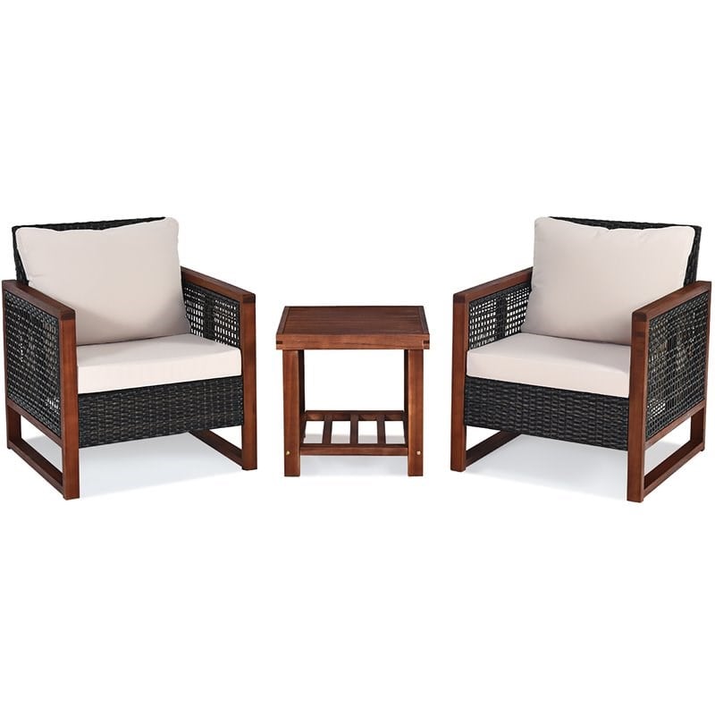 Pemberly Row 3-Pc Rattan Patio Wicker Furniture Set with Square Table in Brown