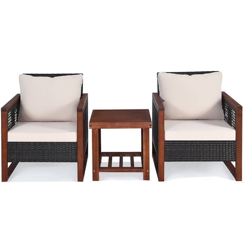 Pemberly Row 3-Pc Rattan Patio Wicker Furniture Set with Square Table in Brown