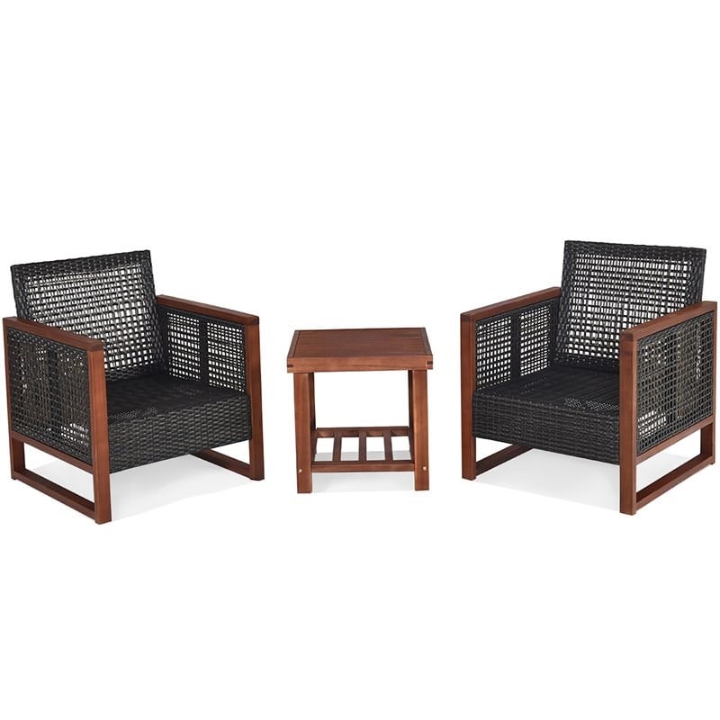 Pemberly Row 3-Pc Rattan Patio Wicker Furniture Set with Square Table in Brown