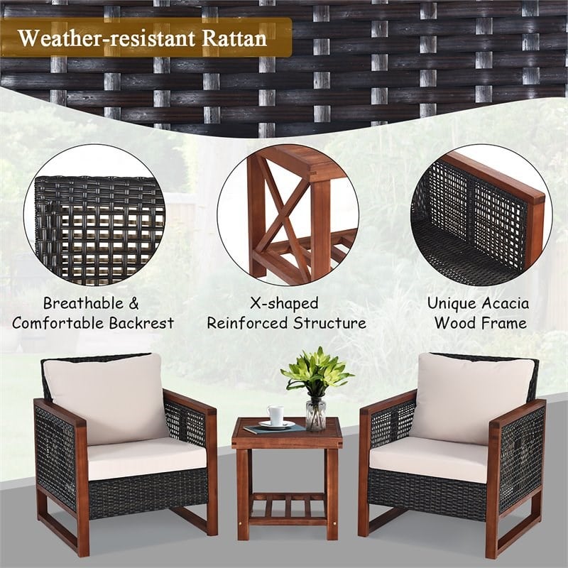 Pemberly Row 3-Pc Rattan Patio Wicker Furniture Set with Square Table in Brown