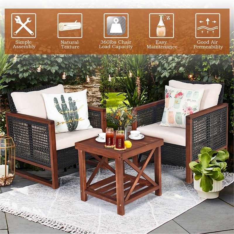 Pemberly Row 3-Pc Rattan Patio Wicker Furniture Set with Square Table in Brown