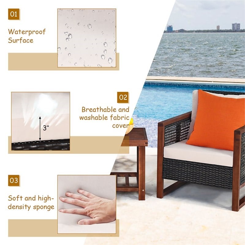 Pemberly Row 3-Pc Rattan Patio Wicker Furniture Set with Square Table in Brown