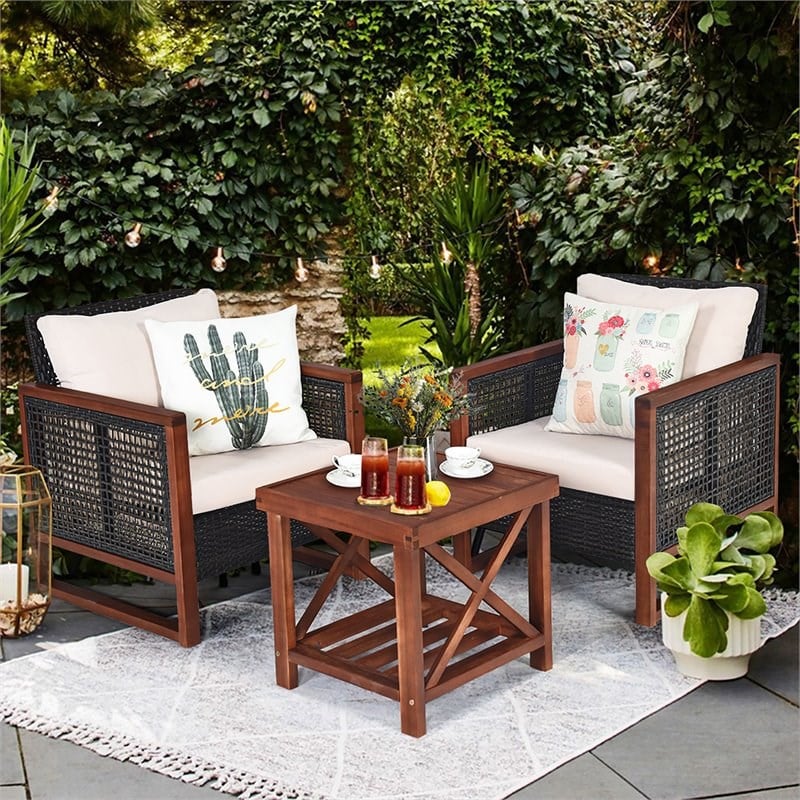 Pemberly Row 3-Pc Rattan Patio Wicker Furniture Set with Square Table in Brown
