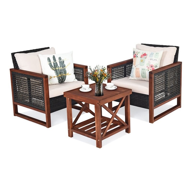 Pemberly Row 3-Pc Rattan Patio Wicker Furniture Set with Square Table in Brown
